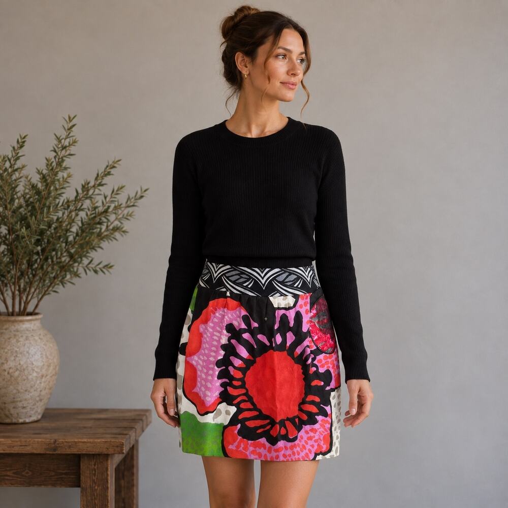 Desigual Black Knit Multi Color Applique Bubble Hem Mini Skirt US Small
